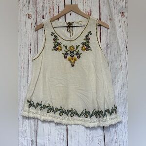 Max Studio Cream Top with Blue and Yellow Trim